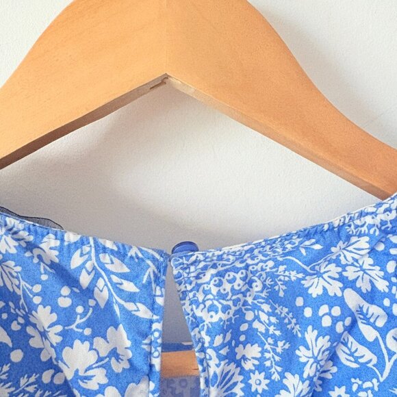 Zara Floral Ruffle Sleeve Cotton Poplin Mini Dress Blue White Size Large - Picture 14 of 14